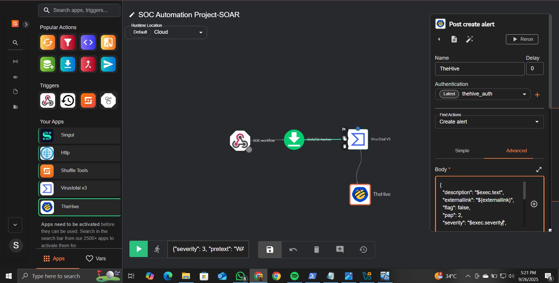 Shuffle TheHive 创建警报配置