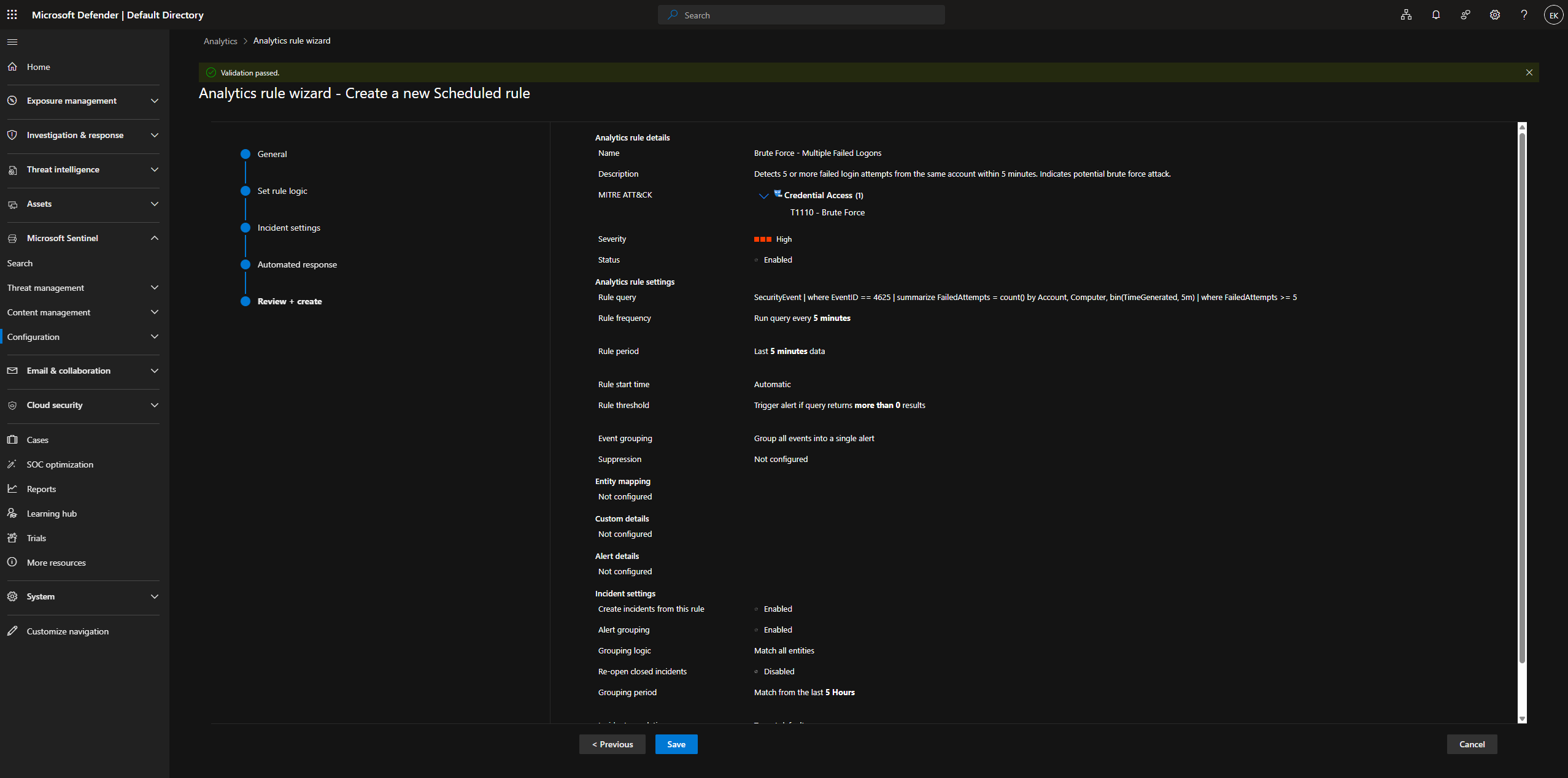 Analytics 规则 - 审查并创建