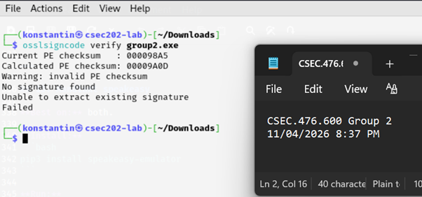 osslsigncode verify output reporting "No signature found" and an invalid PE checksum warning