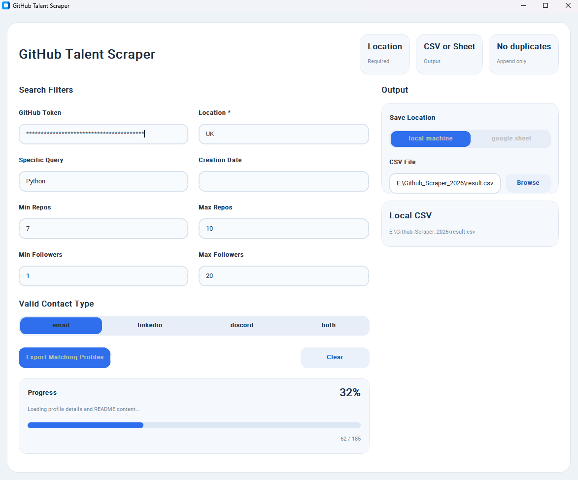 GitHub Talent Scraper,已选择本地 CSV 导出