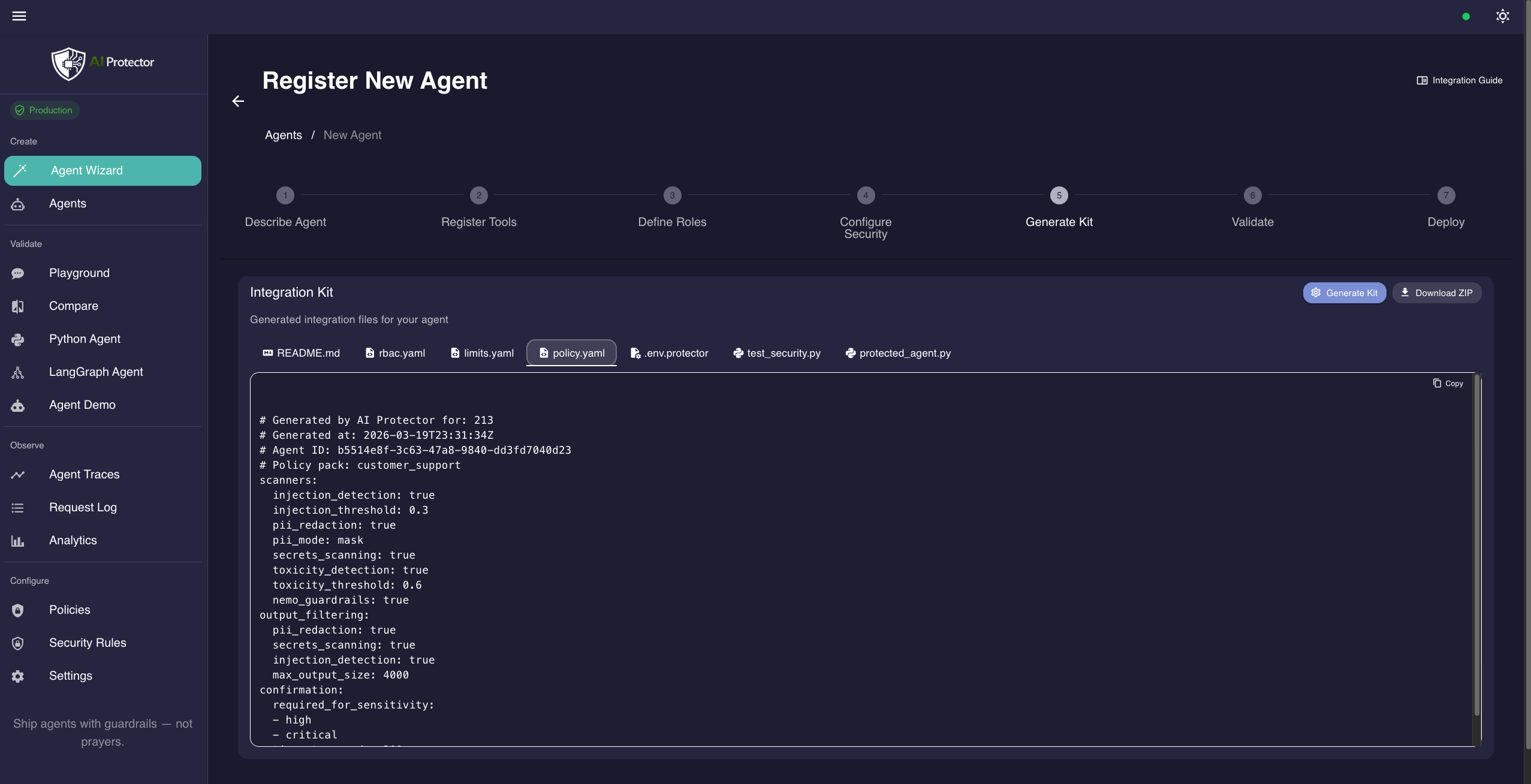 Agent Wizard — 7-step security config generator
