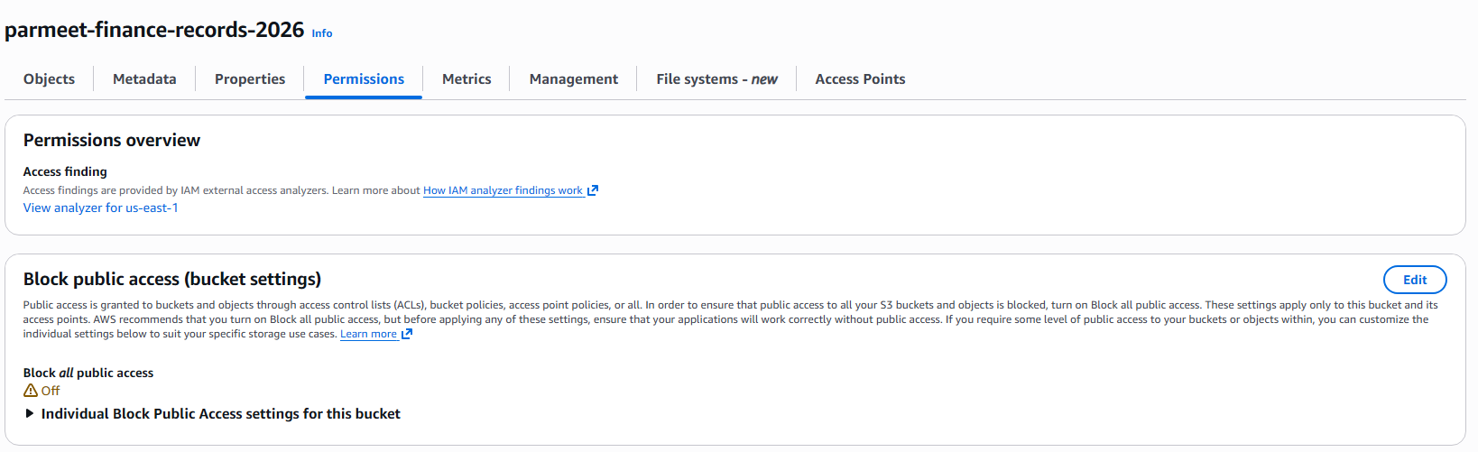 lock Public Access disabled showing the warning