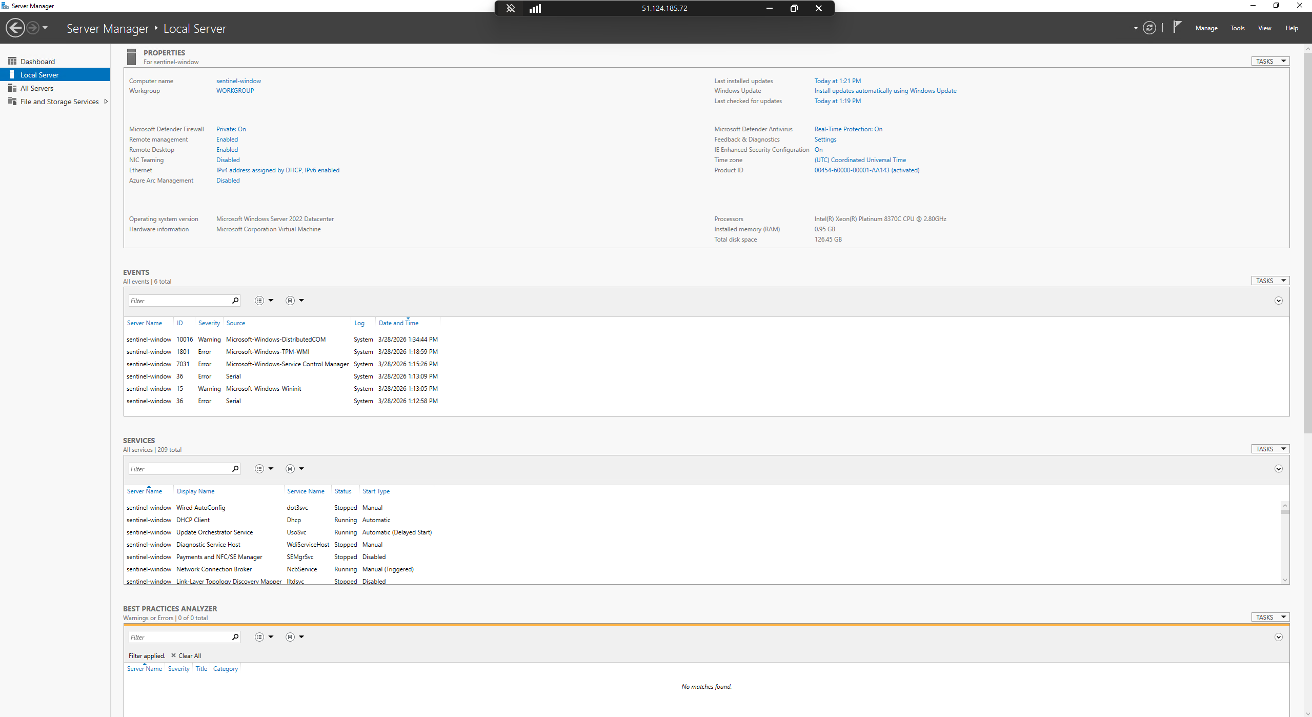 RDP 已连接 - 服务器管理器