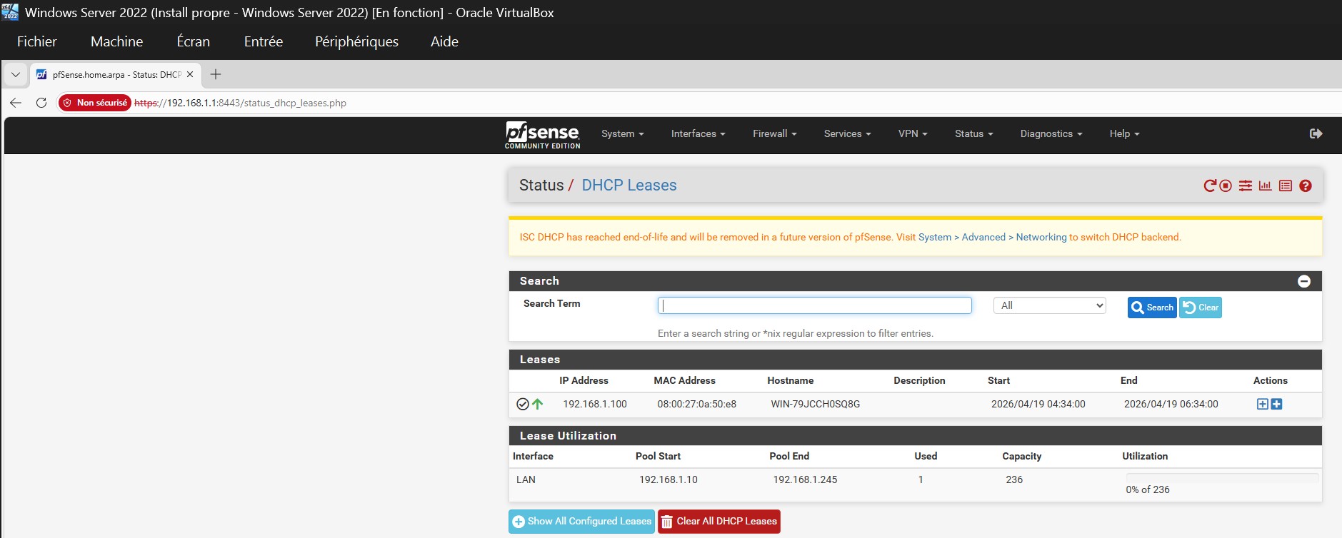 DHCP 租约 — Windows Server 192.168.1.100 活跃