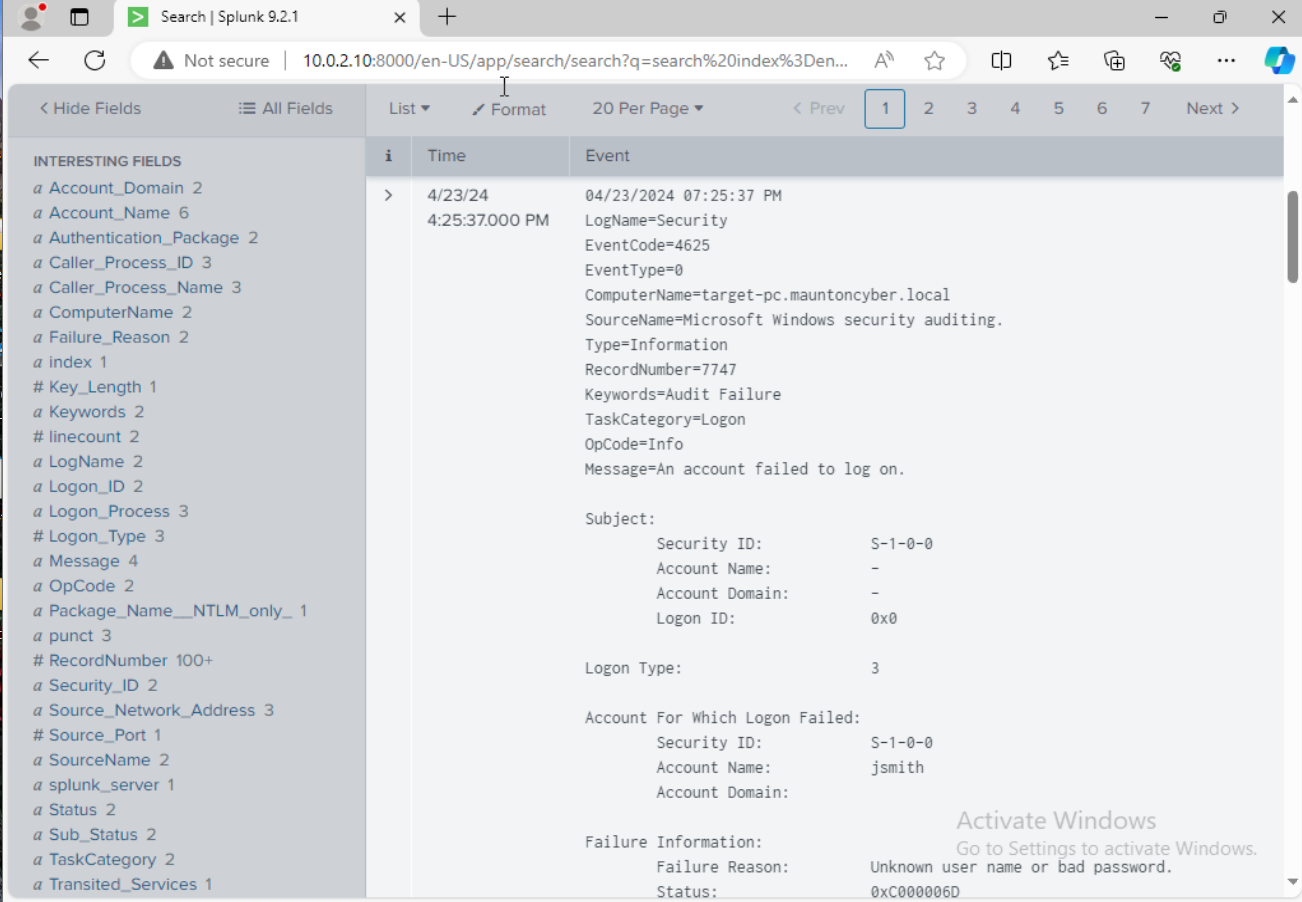 Splunk results showing repeated failed account logons
