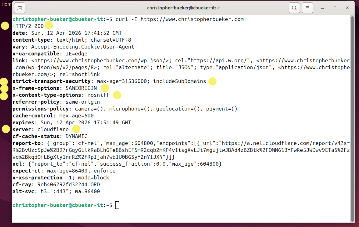 curl header verification for ChristopherBueker.com