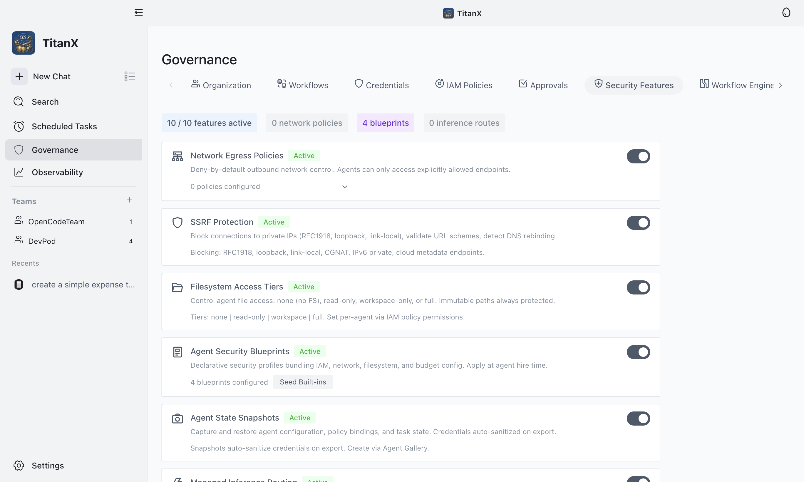 TitanX Security Features — 10 configurable security toggles