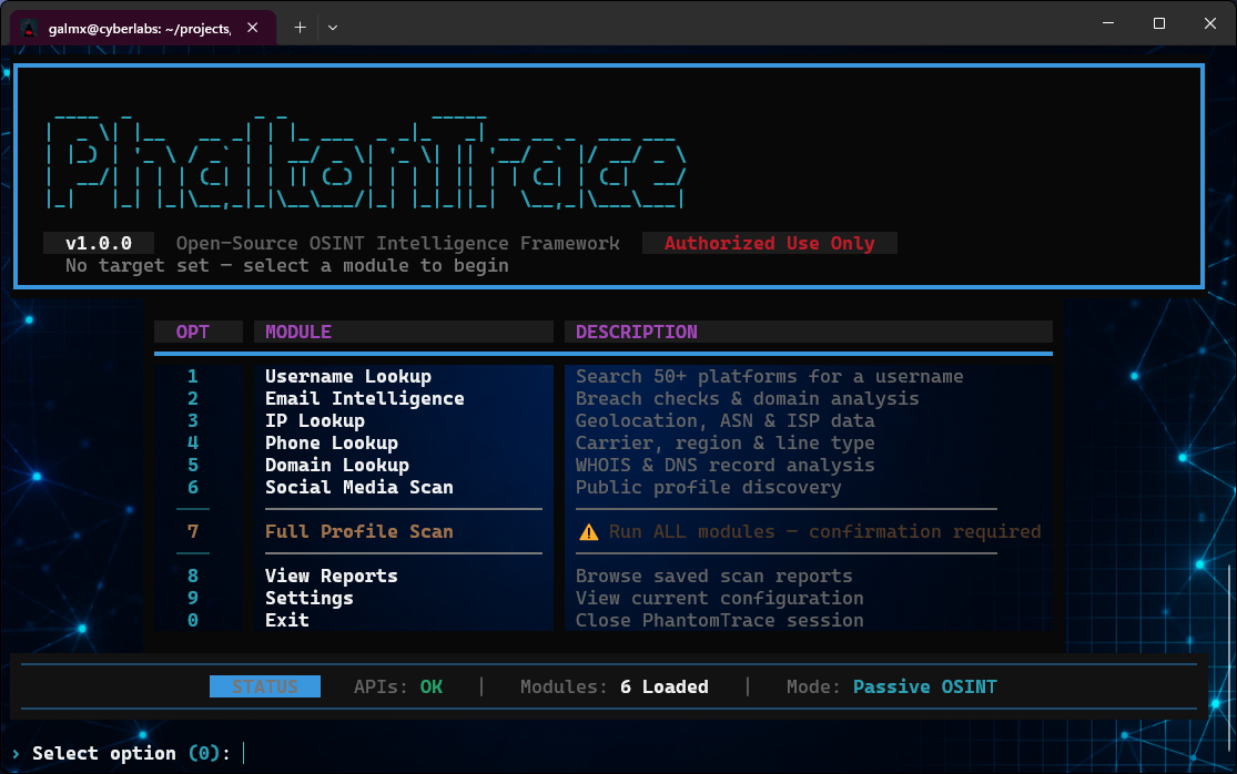 PhantomTrace Main Menu
