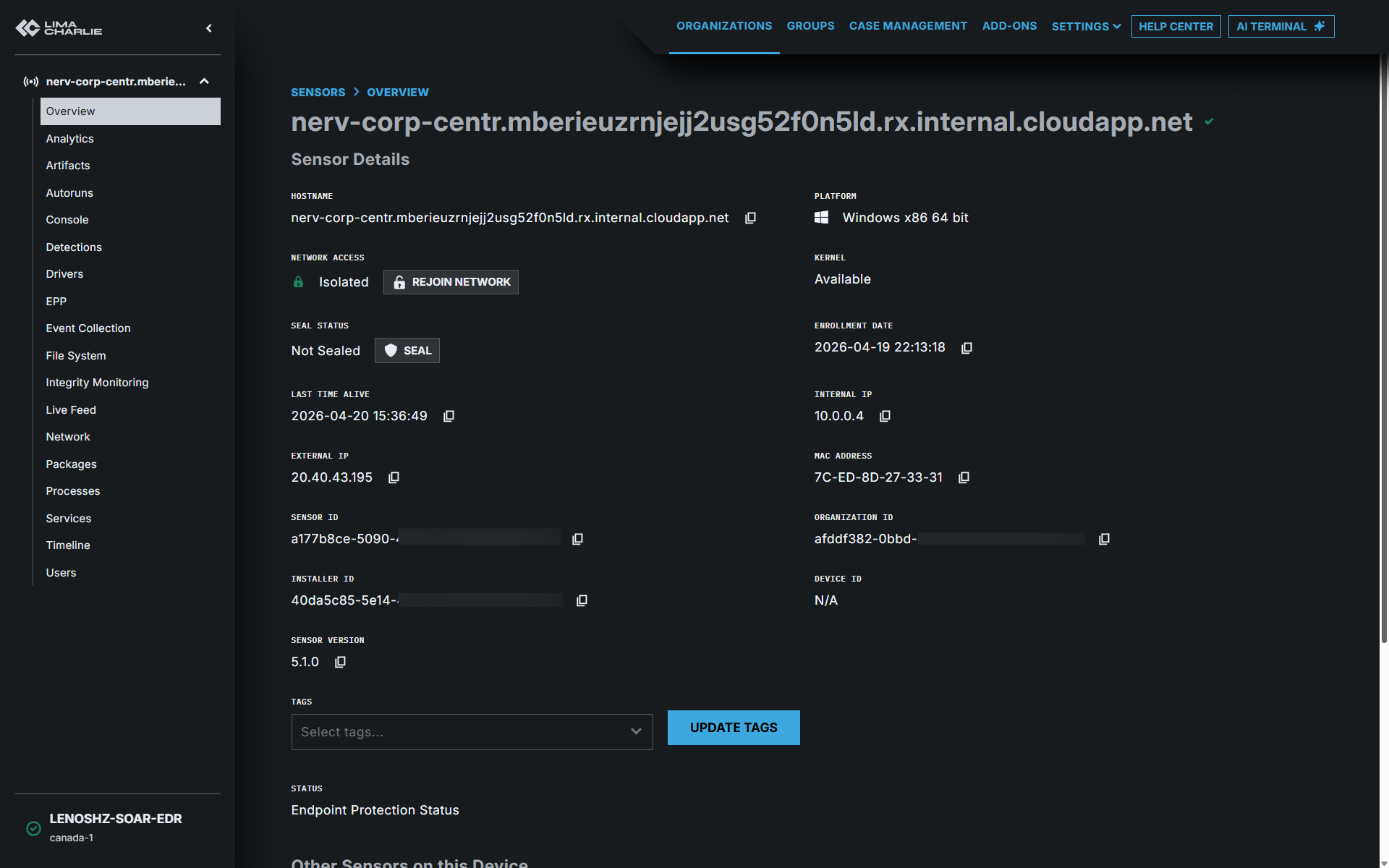 LimaCharlie 中的机器已隔离