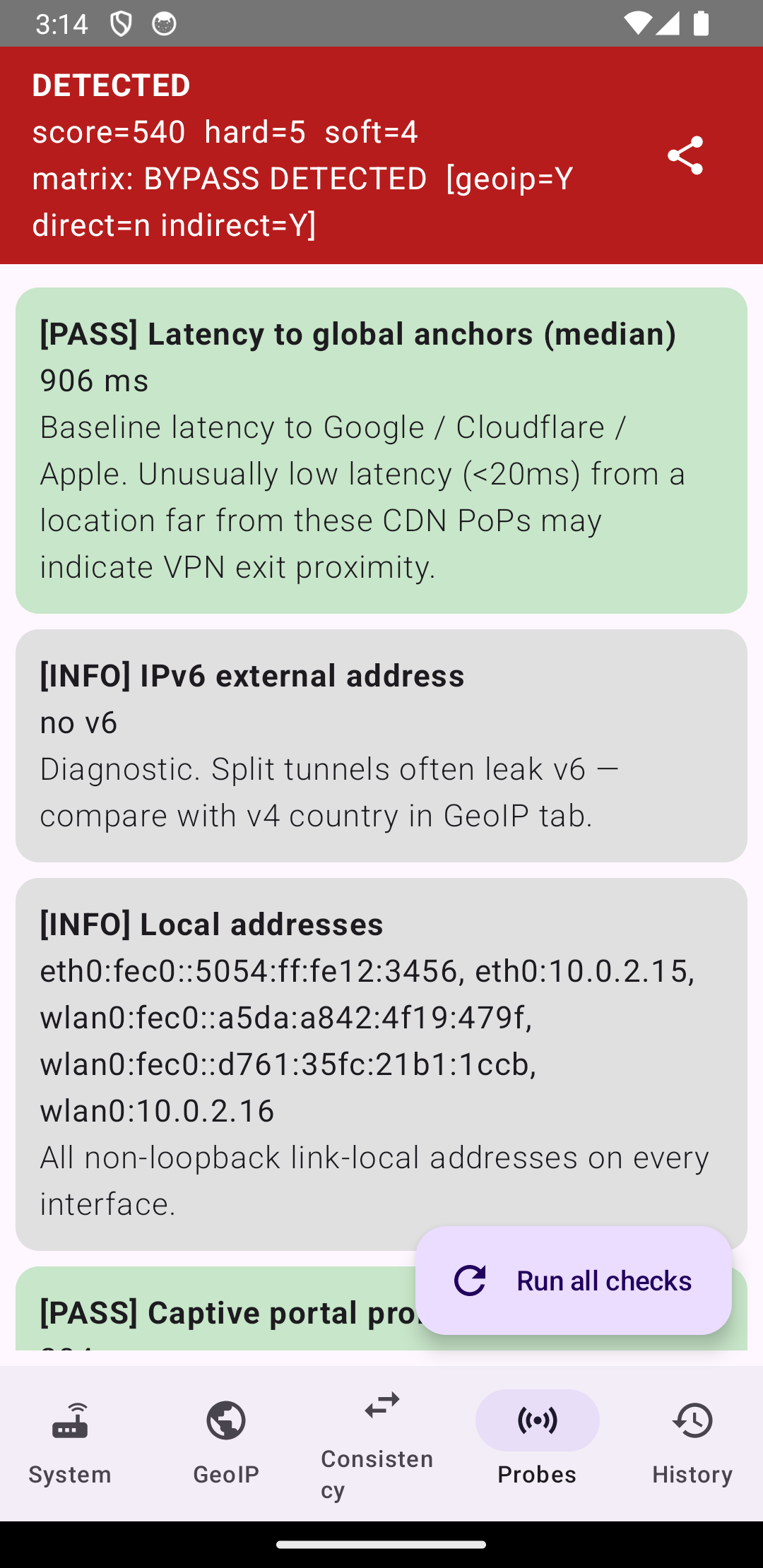 Active network probes — latency, IPv6, captive portal
