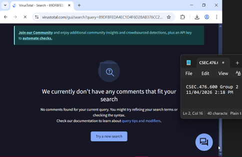 VirusTotal search returns no matching results for the extracted SHA-256