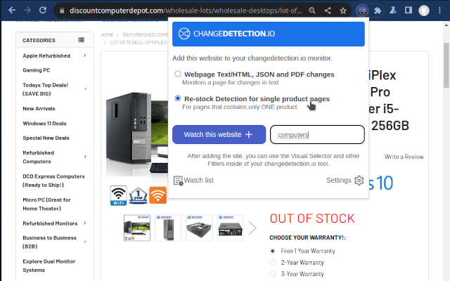 用于轻松将当前网页添加到变更检测的 Chrome 扩展程序。
