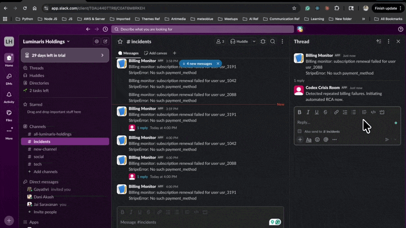 Slack demo of Crisis Commander Agent handling an incident