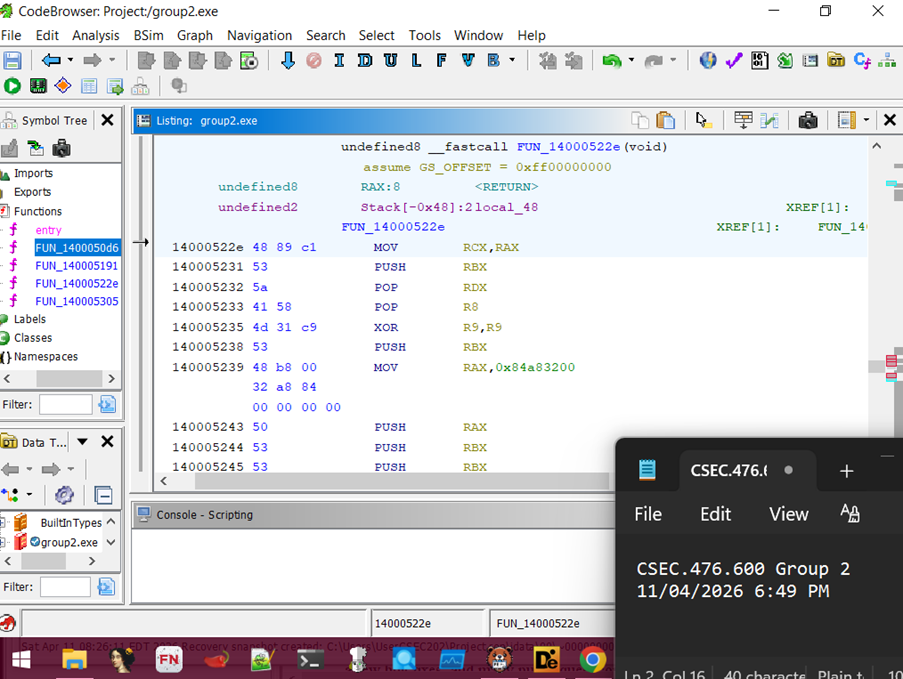 Ghidra listing at FUN_14000522E showing the pop rdx consuming the URI pointer and subsequent argument setup