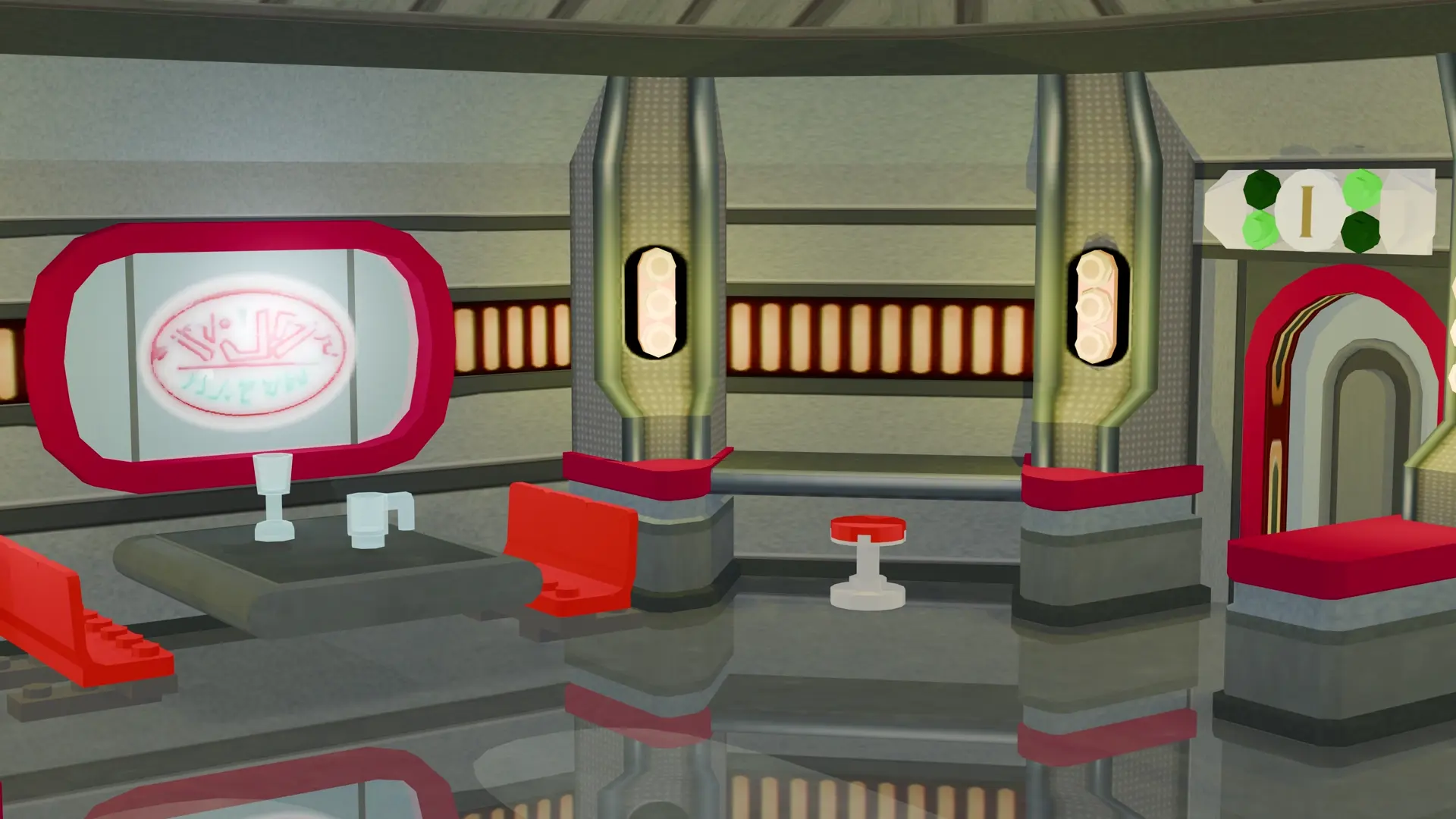 一个生动的场景;展示了乐高风格的迪克斯的餐厅。室内餐厅场景灯光充足,中心是一个带有外星文字的发光霓虹招牌。左侧,两条红色长凳仿佛被原力推动而上下抖动,片刻之后掉落。一条腿被翻转到头顶,随后被移回正确位置。自动门在长凳右侧上下滑动,无缝开合。整个场景温暖而未来感十足。