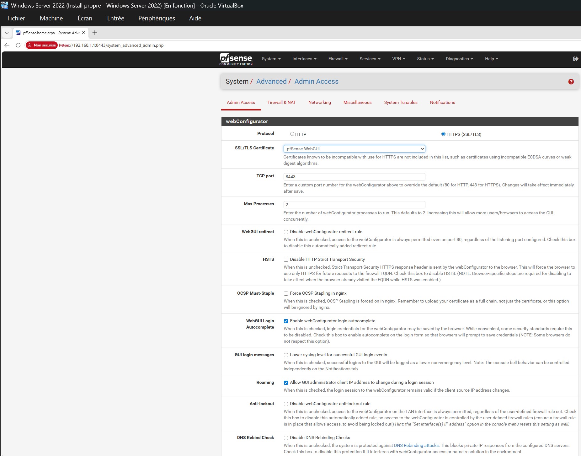 管理员访问 — 端口 8443 + pfSense-WebGUI 证书分配