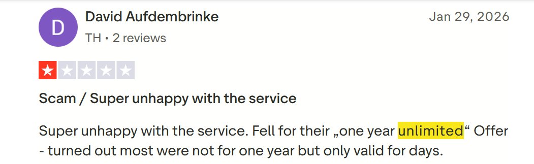 Trustpilot 评论揭露虚假“无限”报价