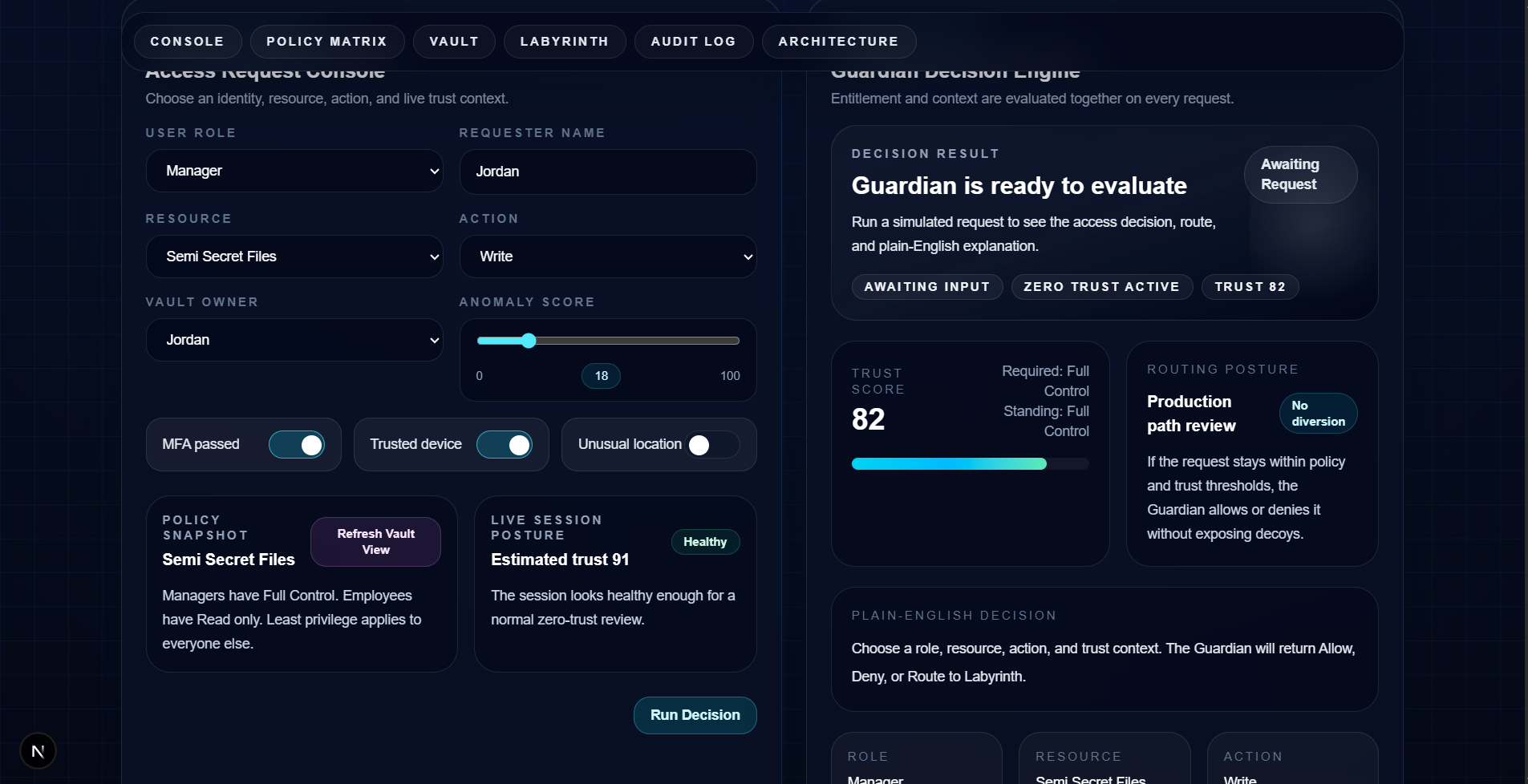 Access Request Console and Guardian Decision Engine