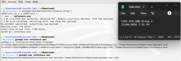msfvenom generating reference.exe followed by ssdeep -d comparing group2.exe against reference.exe, returning similarity score 38