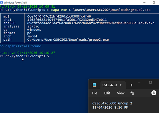 capa output reporting "no capabilities found" for group2.exe