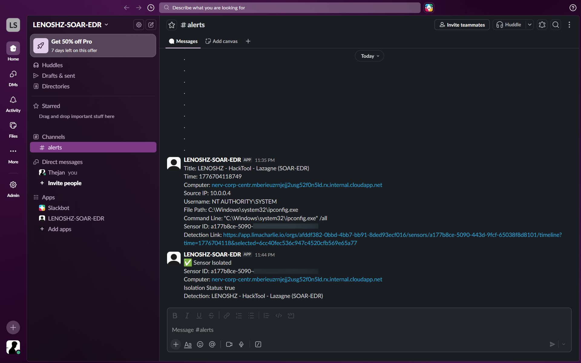 接收到的 Slack 告警