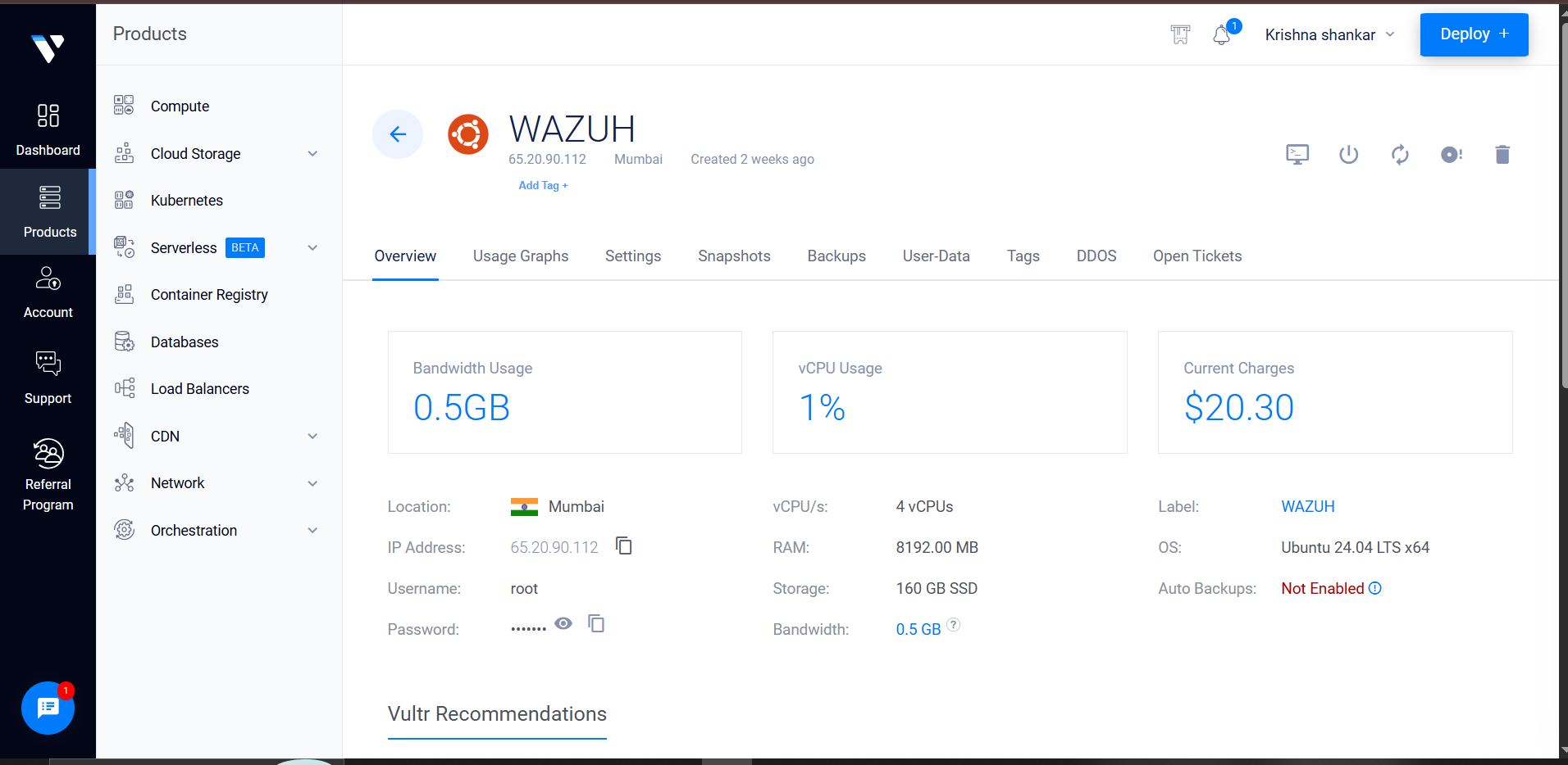 Vultr 控制台 - Wazuh 实例