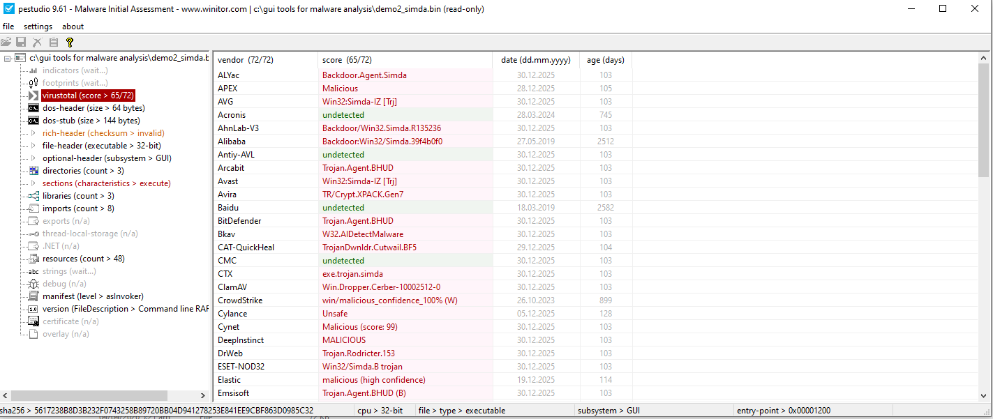 VirusTotal — demo2_simda.bin