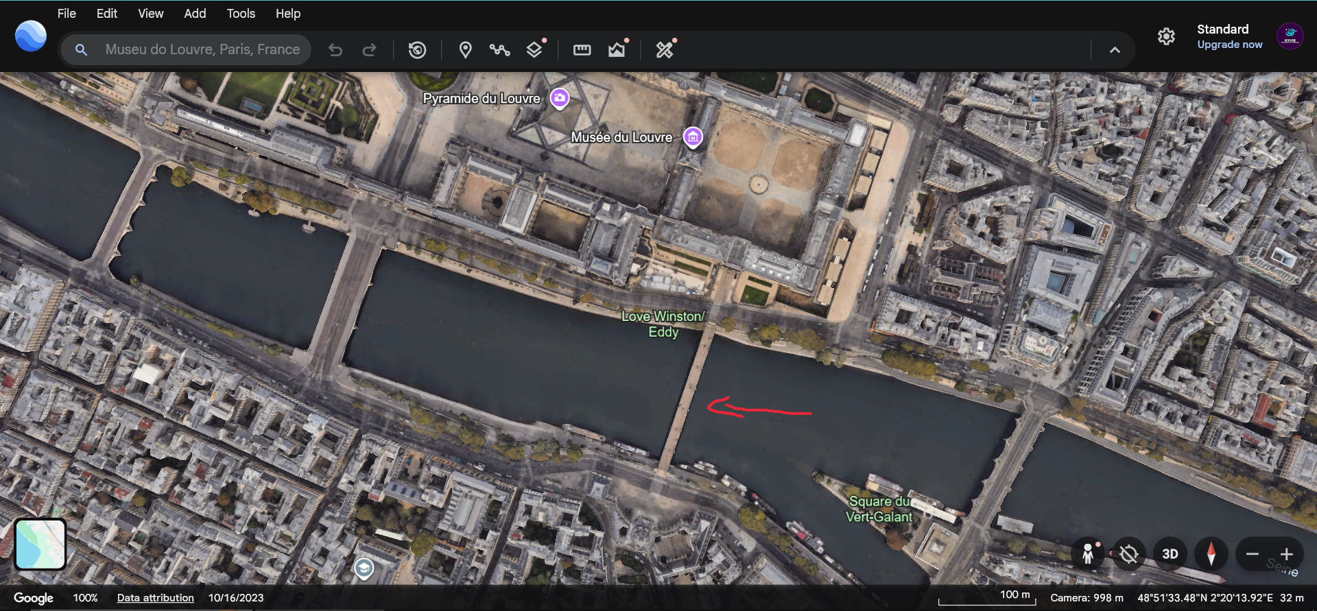 Google Earth — 塞纳河上的入口位置