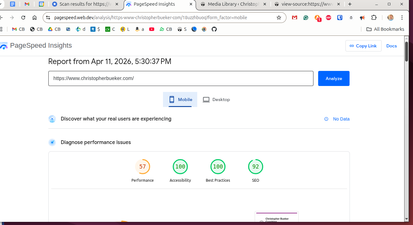 Initial mobile Lighthouse score for ChristopherBueker.com