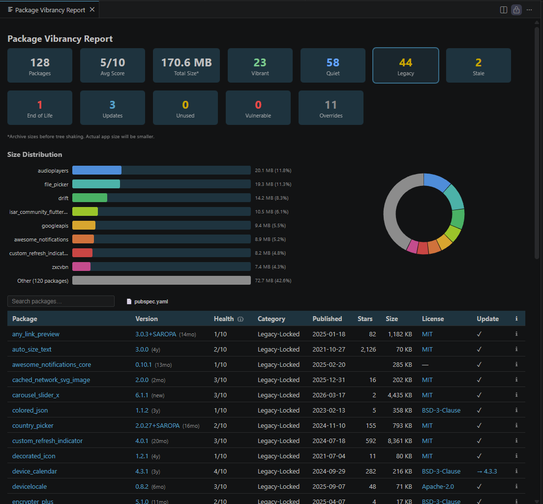 显示依赖健康状况和版本状态的包活力报告