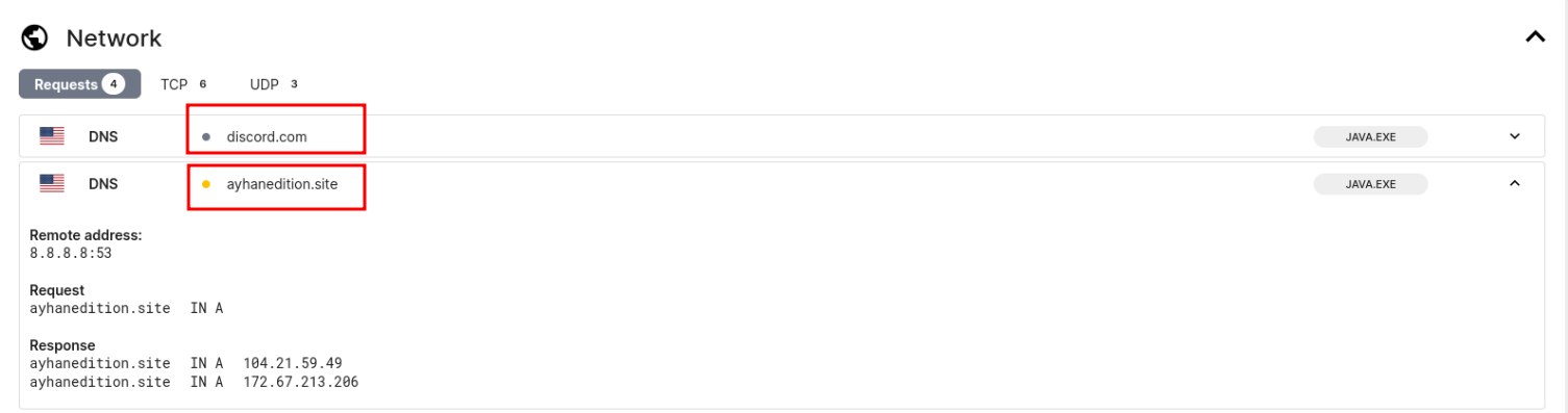 Tria.ge network communication showing external domains