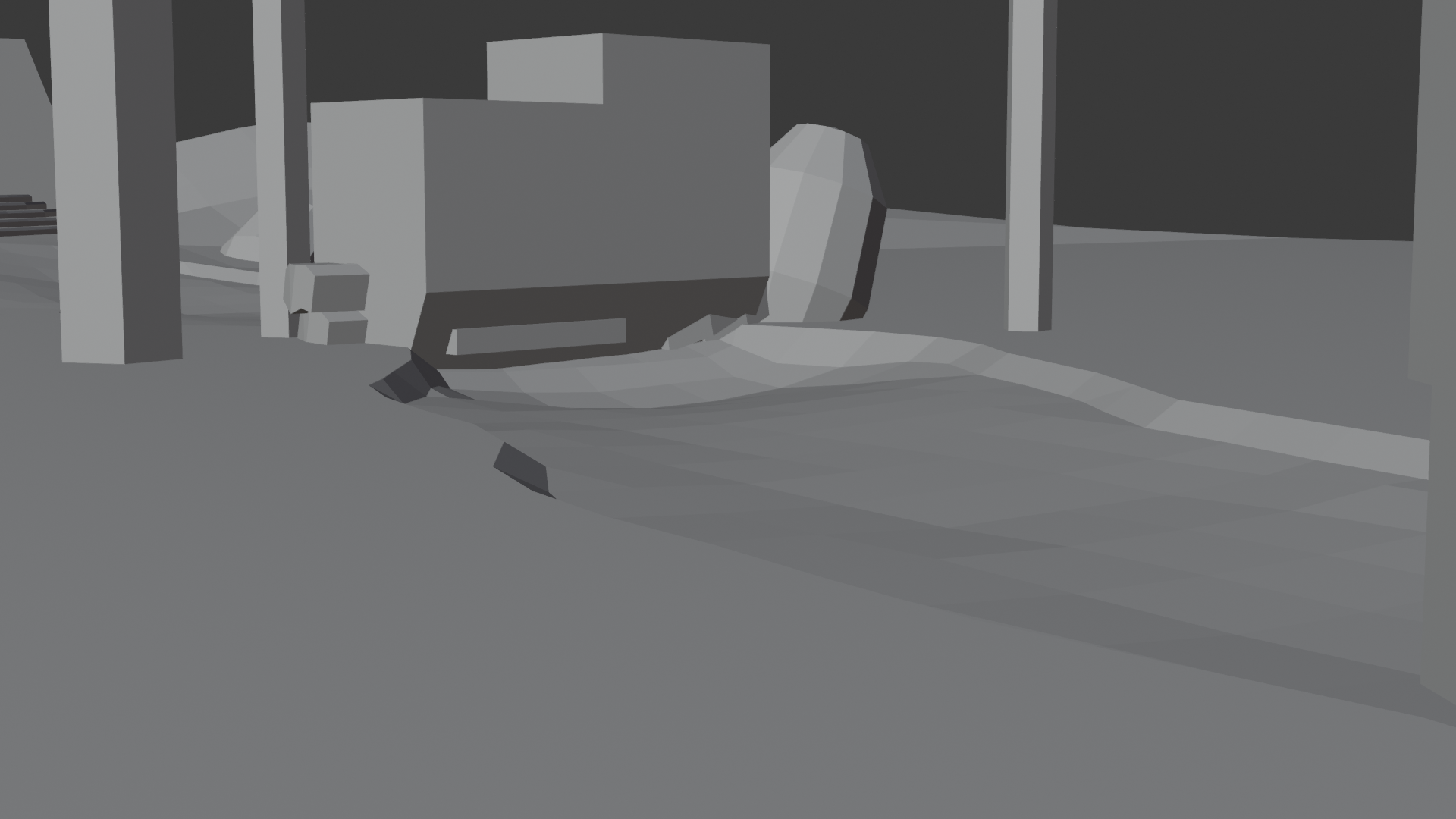 与上方图像描述相同的场景,但以灰暗、块状风格显示。没有动画。每个关键场景元素(如树木、坦克和灌木)都被替换为其整体形状的凸近似体,表示游戏引擎使用的隐形碰撞几何体。