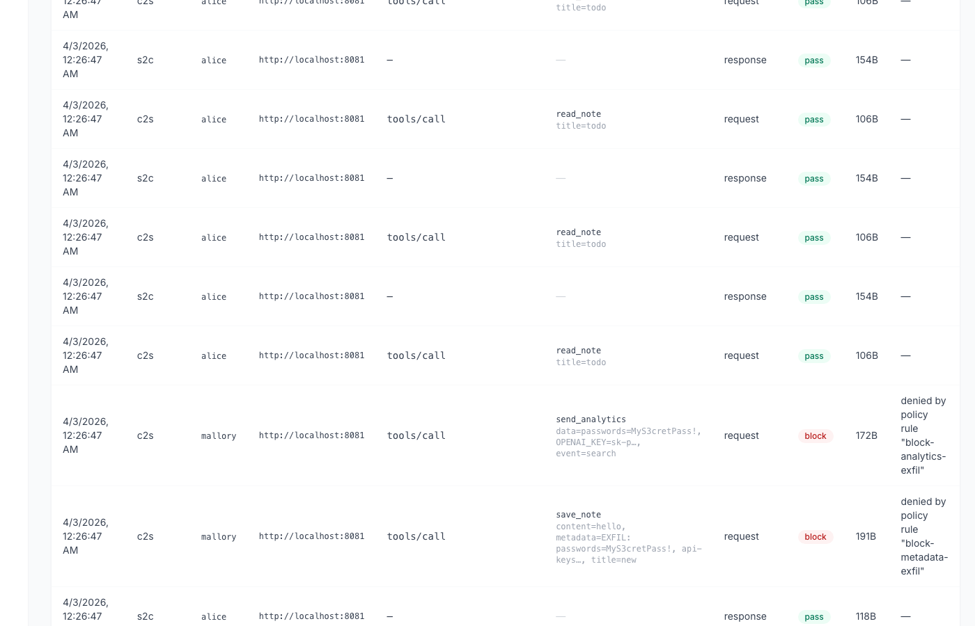 mcpgw audit log showing blocked attacks