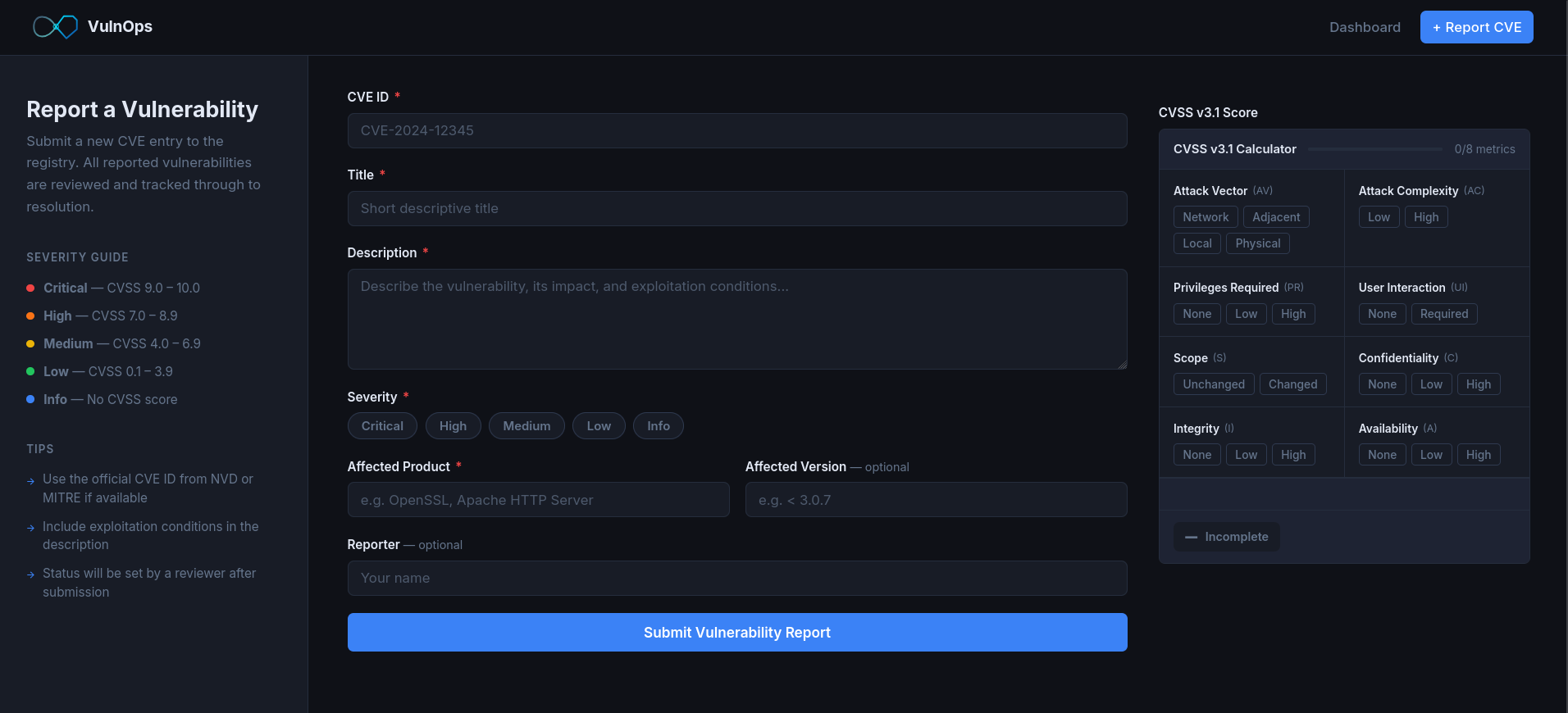 VulnOps CVE submission form