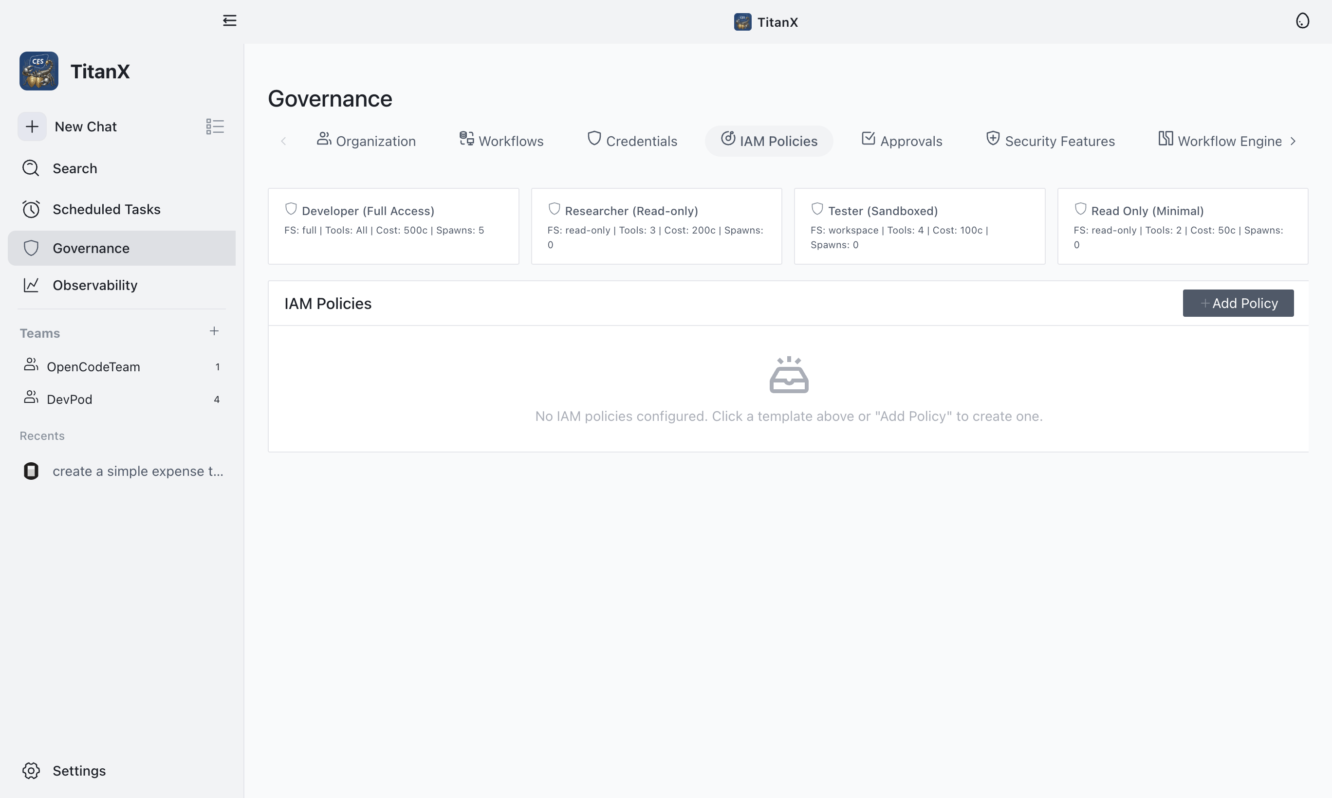 TitanX IAM Policies — Granular tool permissions with templates
