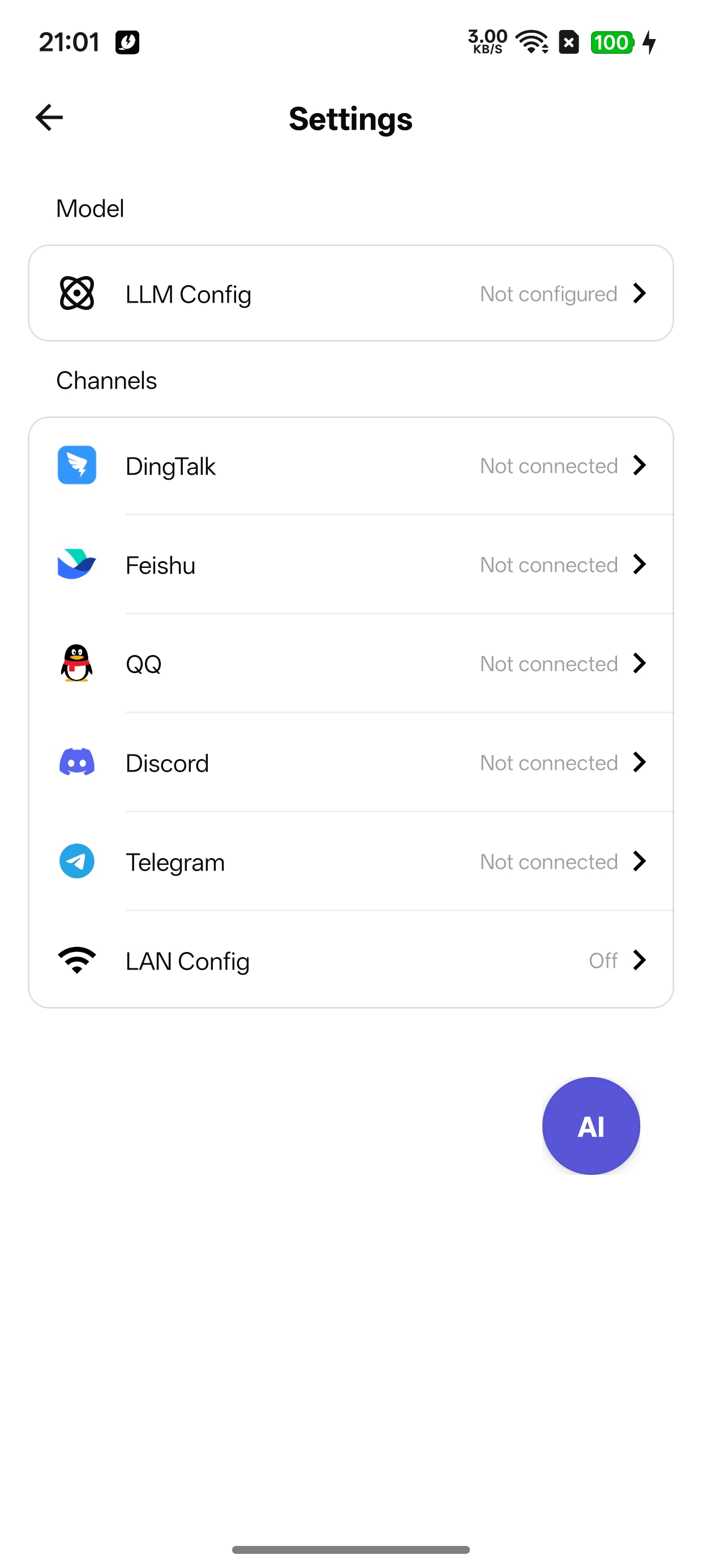 Settings - LLM & Channel Config