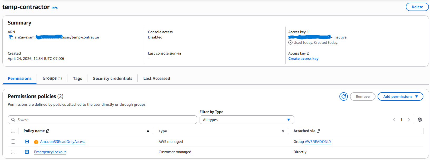 temp-contractor showing both the deactivated key and EmergencyLockout policy