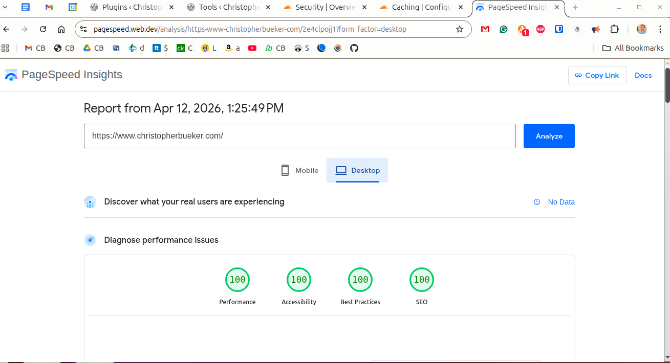 Optimized desktop Lighthouse score for ChristopherBueker.com