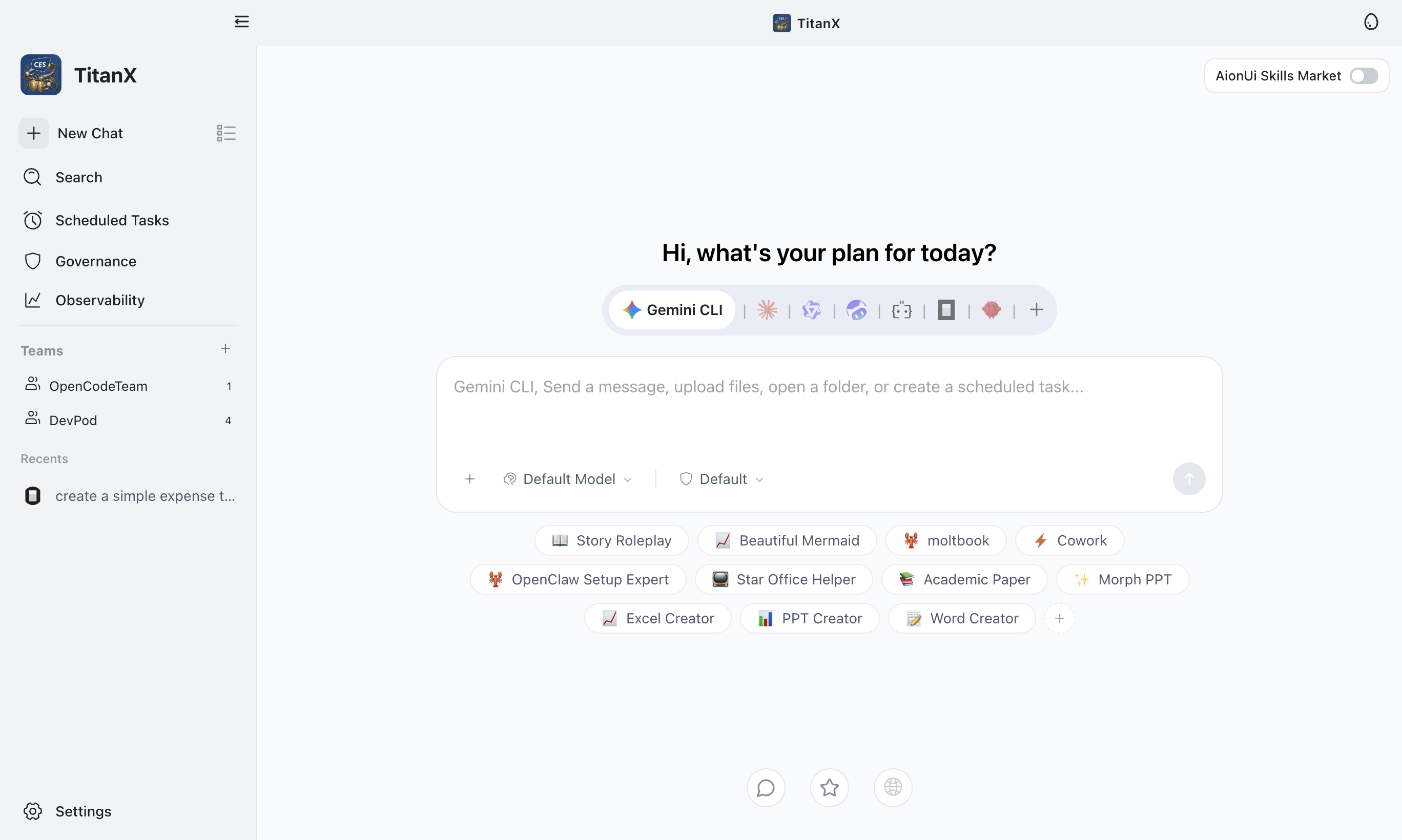 TitanX Home — Multi-agent chat with 20+ LLM providers