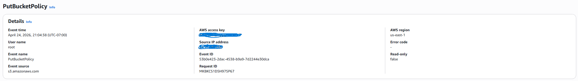 CloudTrail event detail showing PutBucketPolicy
