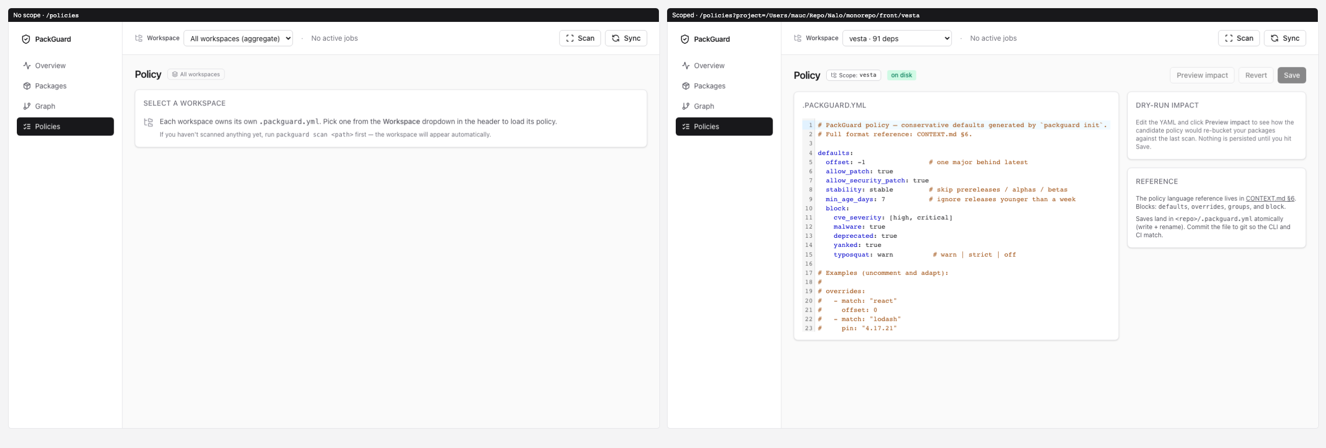 策略 — 无范围空状态与选择工作区后的 CodeMirror 编辑器