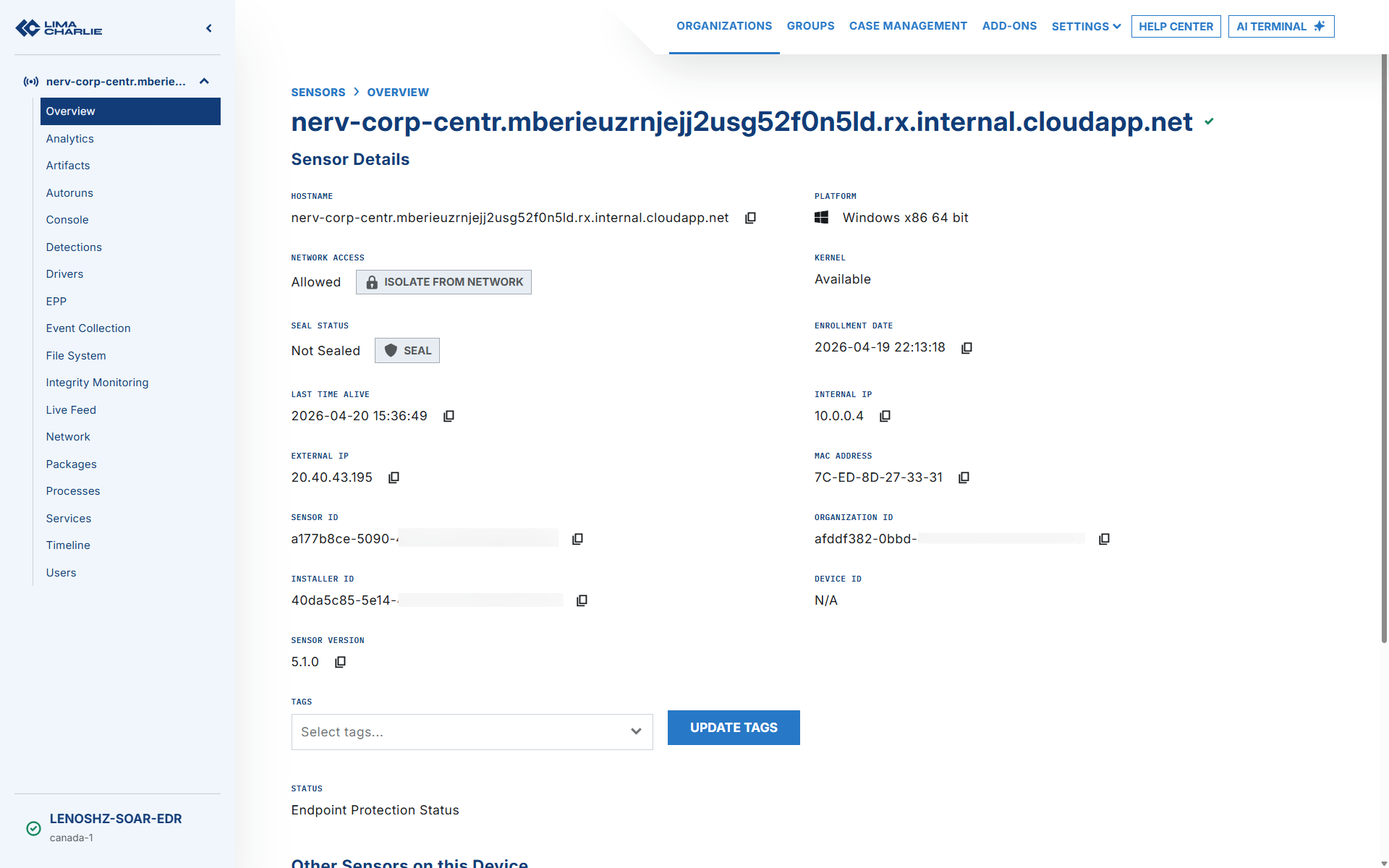 LimaCharlie 传感器已注册
