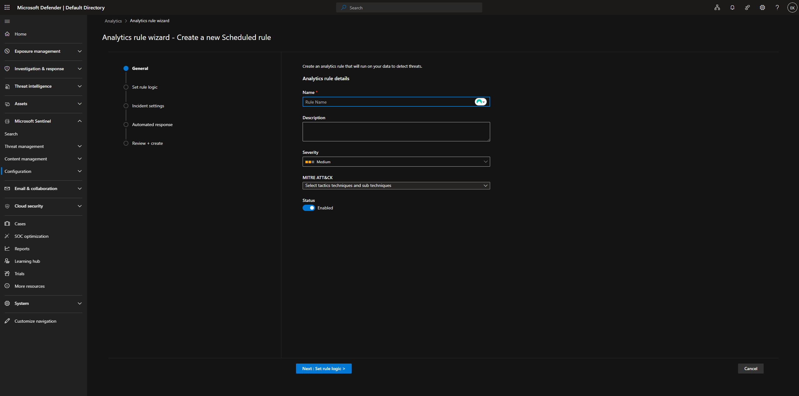 Analytics 规则向导 - 空表单