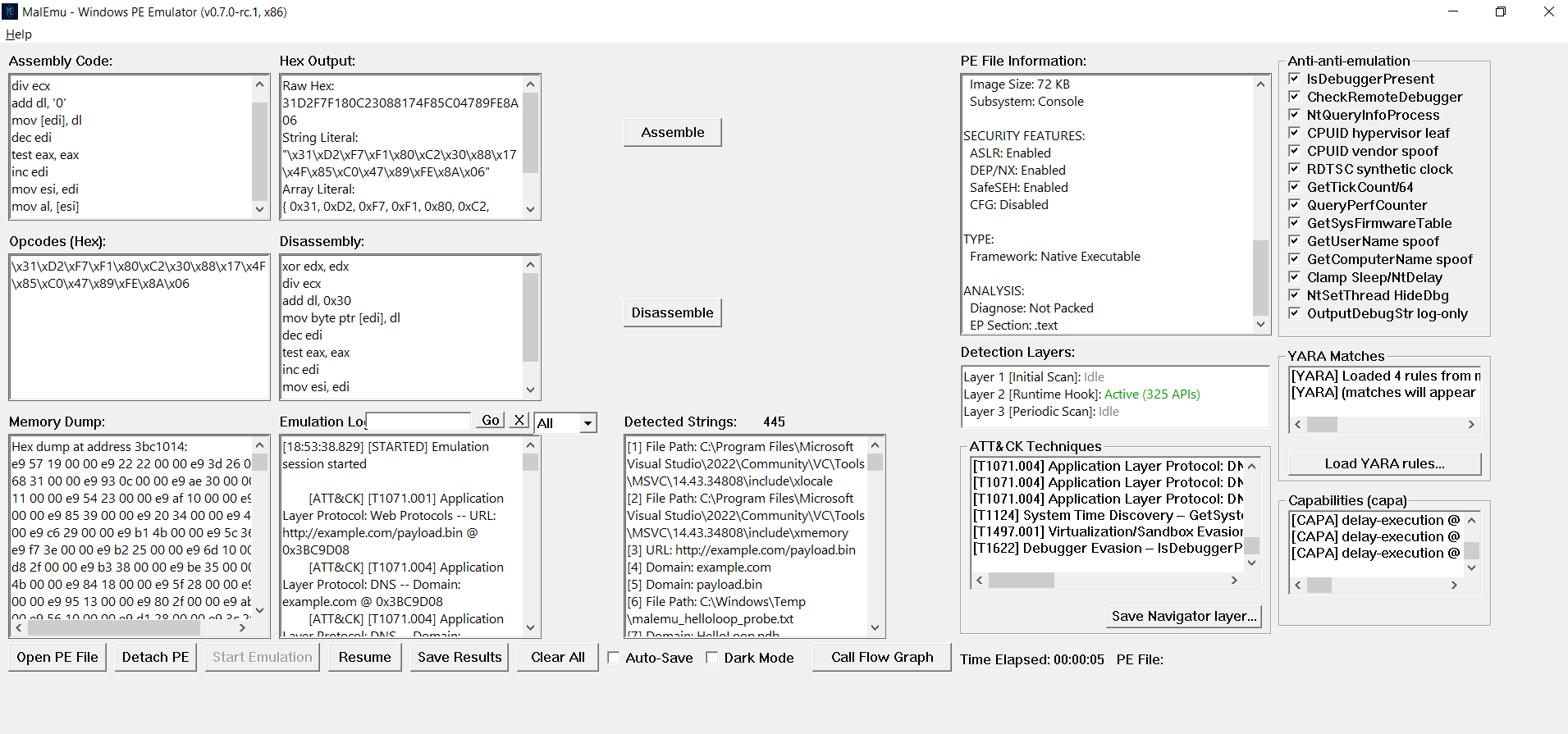 MalEmu GUI mid-emulation: ATT&CK, capa, and YARA panels firing live alongside the disassembly, hex output, memory dump, emulation log, anti-anti-emulation toggles, and detected strings panes.