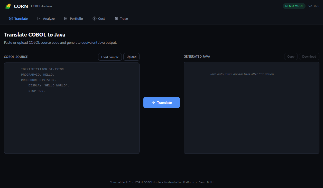 Corn Translate — COBOL 到 Java 的并排视图