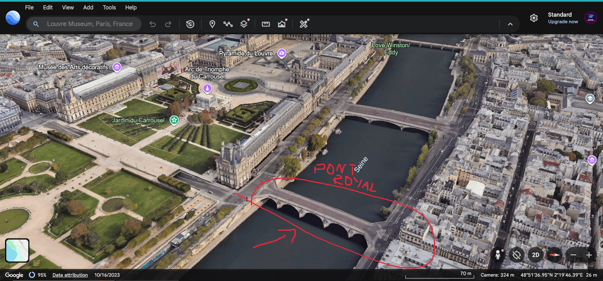 Google Earth 3D — Pont Royal 逃跑路线