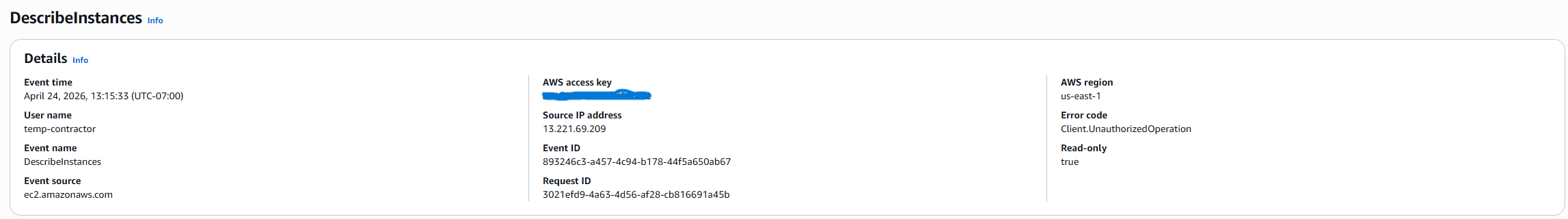 CloudTrail event detail showing sourceIPAddress