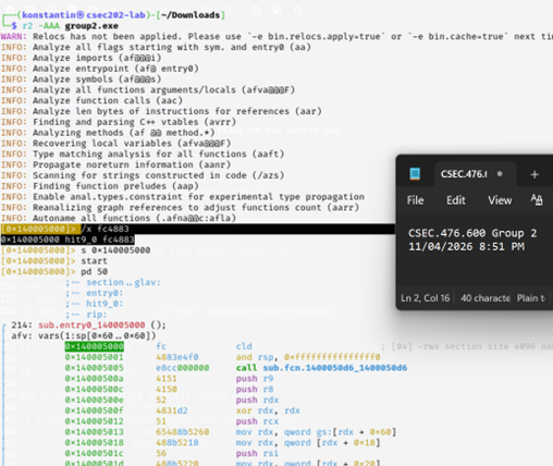 r2 search /x fc4883 returning single hit at 0x140005000 followed by disassembly block_api prologue