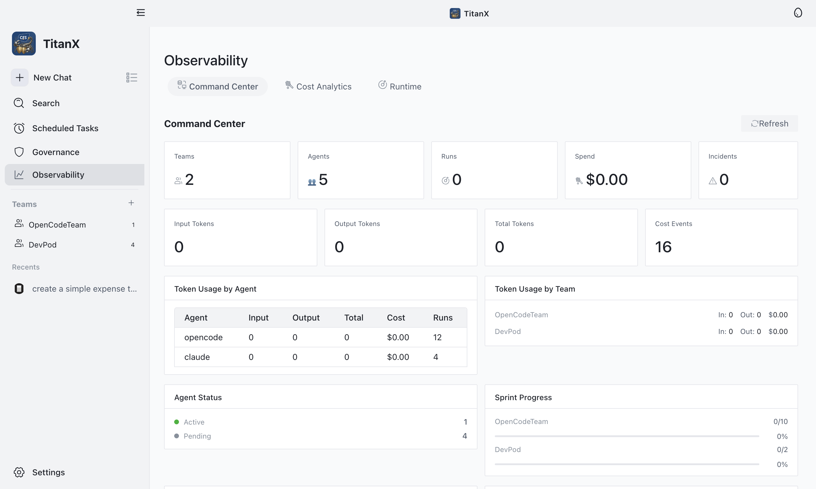 TitanX Observability — Command Center with KPIs, cost tracking, agent status
