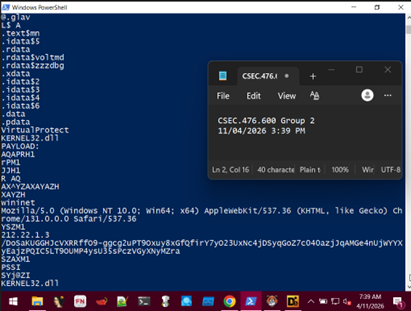 FLOSS static strings output showing section names, PAYLOAD marker, shellcode fragments, wininet, User-Agent, 212.22.1.3, and a 120-character URI